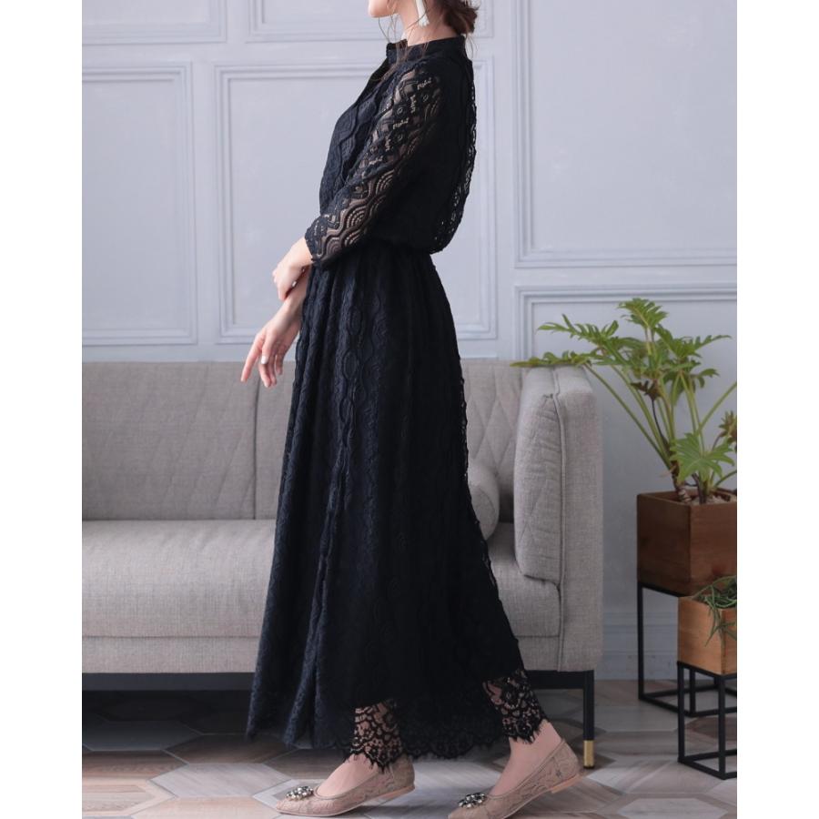 PREFERIR　カットワーク　レース バンドカラーワンピース　L オケージョン PREFERIR ドレス カットワーク レース 結婚式 パーティー