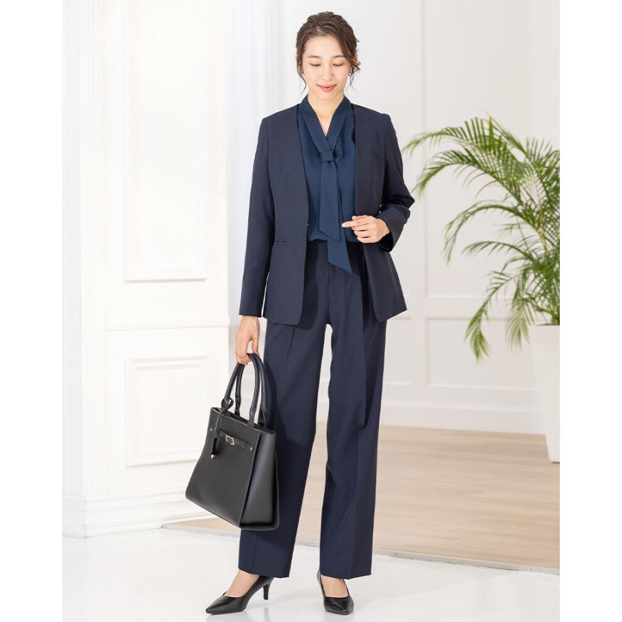 【美品】レミュー パンツ スーツ セットアップ ノーカラー ストレッチ 洗える セレモニー ] [ ストレッチ × ノーアイロン ] 選べる4サイズ 細見え