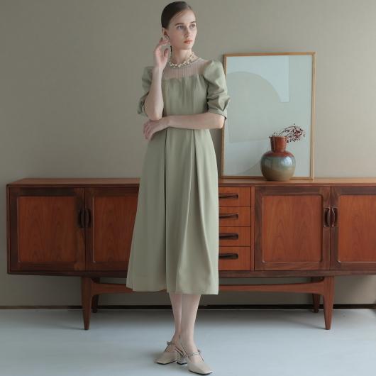 プレフェリール（PREFERIR）/リボンベルト付きパフスリーブワンピース  結婚式 パーティードレス PREFERIR（プレフェリール） リボンベルト付きパフスリーブワンピース