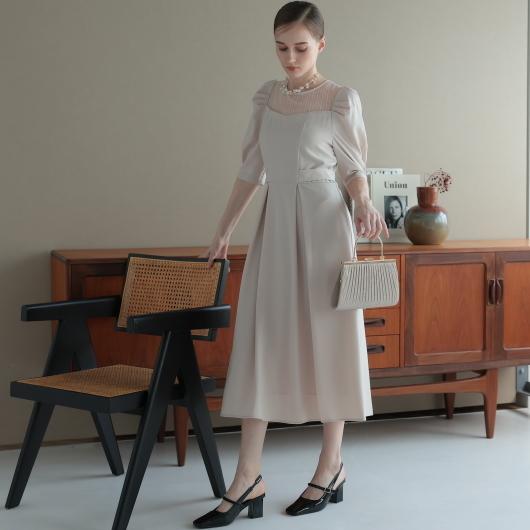 PREFERIR（プレフェリール） リボンベルト付きパフスリーブワンピース