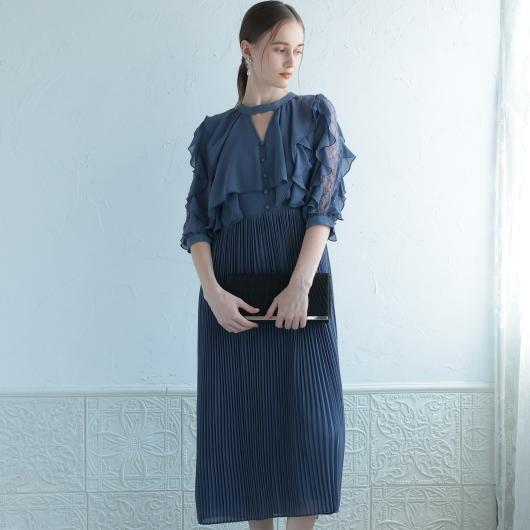 プレフェリール（PREFERIR）/ラッフルキーホールネックワンピース 結婚式 パーティードレス PREFERIR（プレフェリール） ラッフルキーホールネックワンピース 結婚