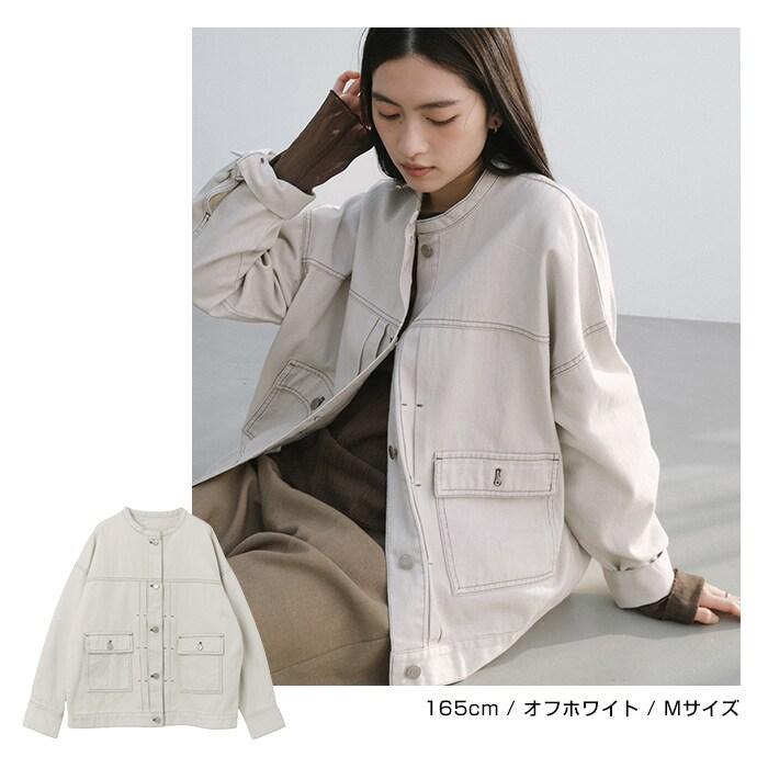 希少モデルoff-white⭐️オフホワイトデニムジャケット⭐️レディース38… andme（アンドミー） オーバーサイズ ノーカラー デニム ツイル