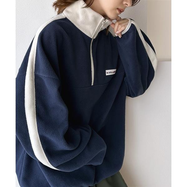 ブラック＆ホワイト フリース ハーフジップ リブラメ プルオーバー レディース Javaジャバコラボ》高見えラバーロゴ。ラフでお洒落な大人の配色