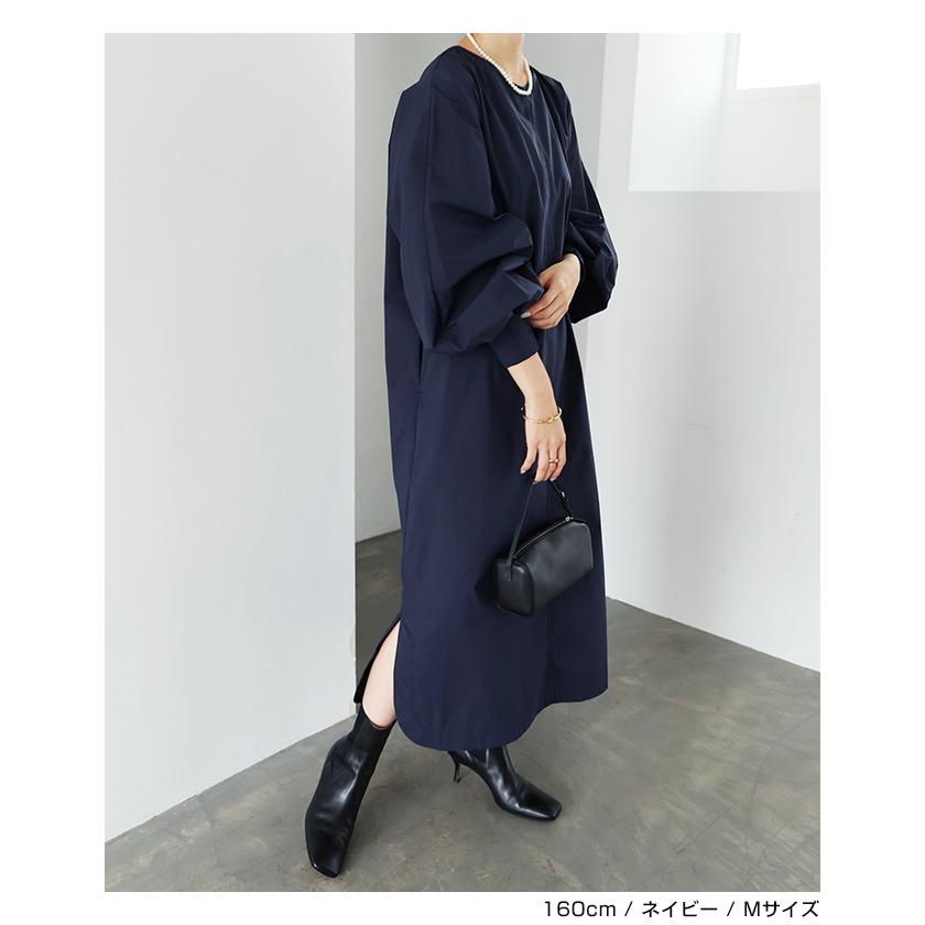 XL マーリエパーエフデ　新品　紺色ワンピース　13 定価31000円 （ロング コットンサテンギャザースリーブVネックワンピース セール】 ワンピース