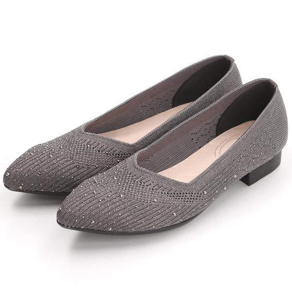 幅広3E】【日本製】ポインテッドトゥキラキラニットフラットパンプス