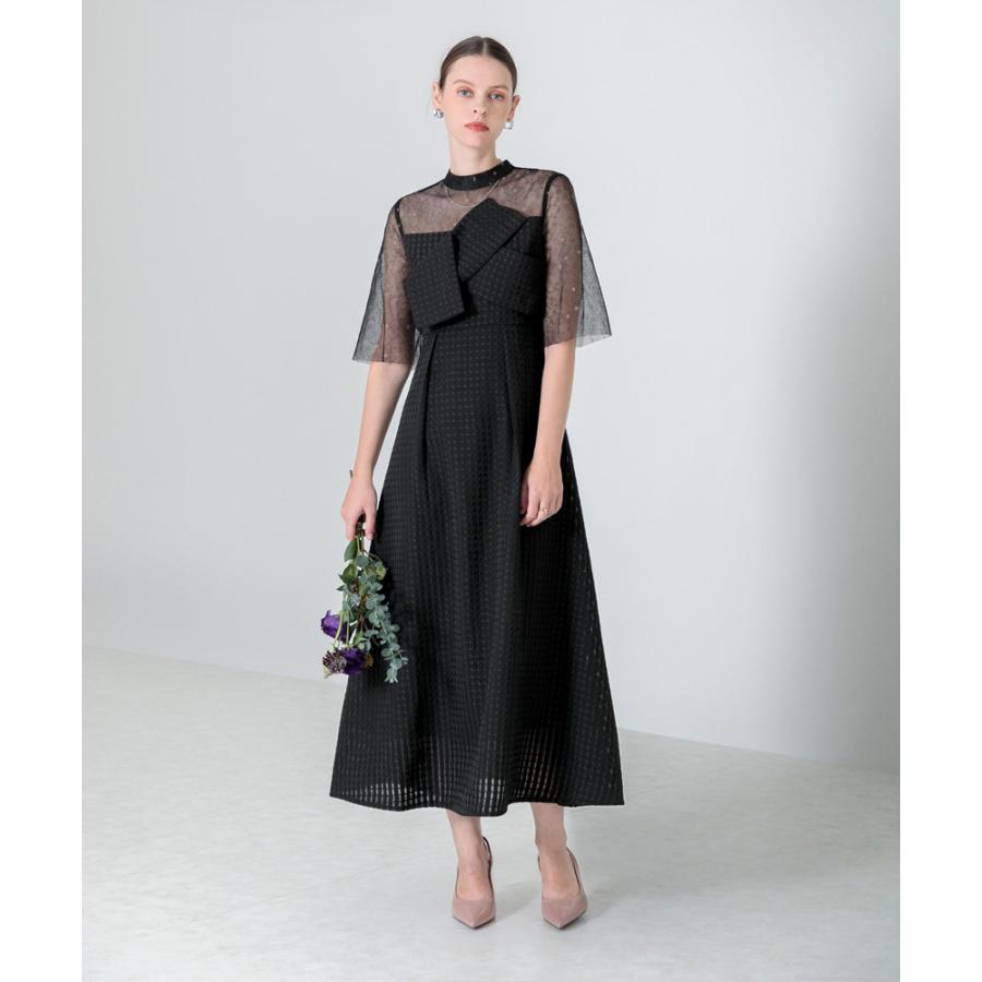 LEJA】ビスチェ風切り替えプチハイネック花柄シアーレースワッフル生地