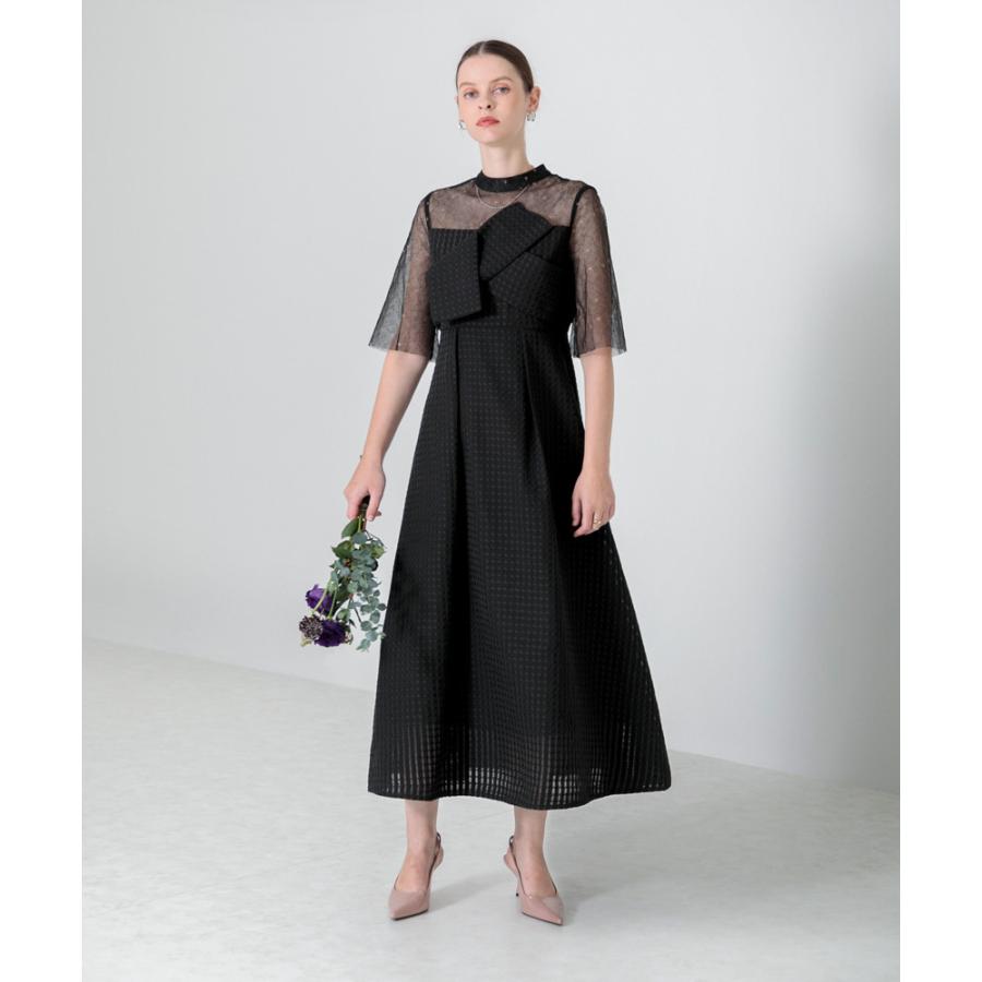 LEJA】ビスチェ風切り替えプチハイネック花柄シアーレースワッフル生地