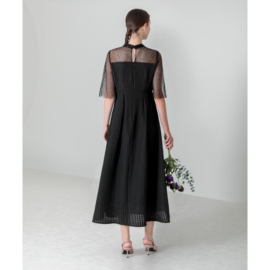 LEJA】ビスチェ風切り替えプチハイネック花柄シアーレースワッフル生地