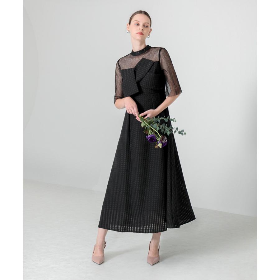 【美品】Leja シアーレースワッフル生地ドレス　Sサイズ LEJA】ビスチェ風切り替えプチハイネック花柄シアーレース
