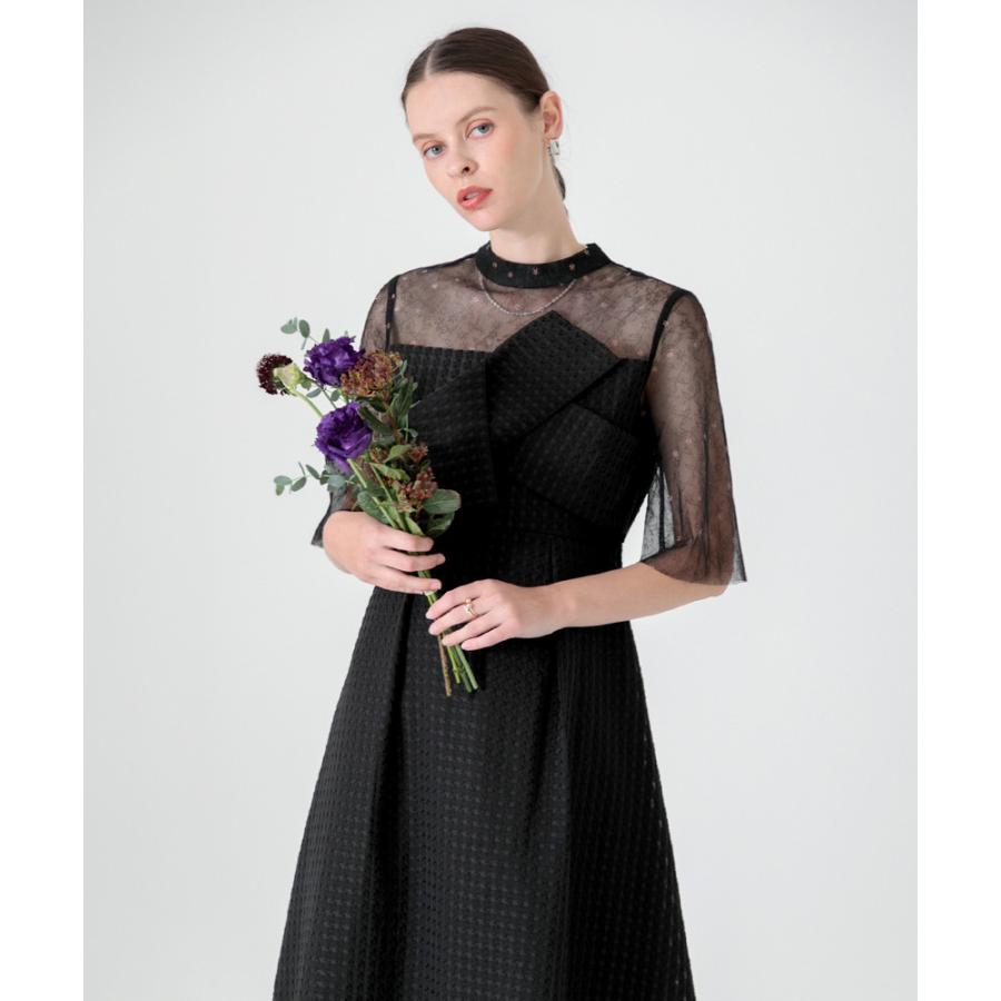 ビスチェ切り替えプチハイネック花柄シアーレースワッフル生地ロング丈美脚効果ドレス LEJA】ビスチェ風切り替えプチハイネック花柄シアーレース