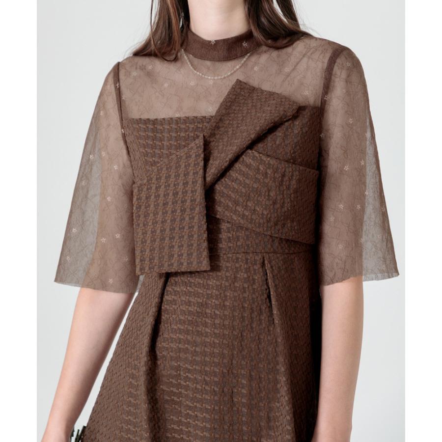 LEJA】ビスチェ風切り替えプチハイネック花柄シアーレースワッフル生地