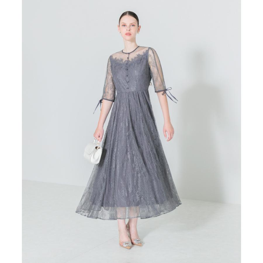 LEJA】異素材レースデコルテシアー袖リボンフロントボタンドレス