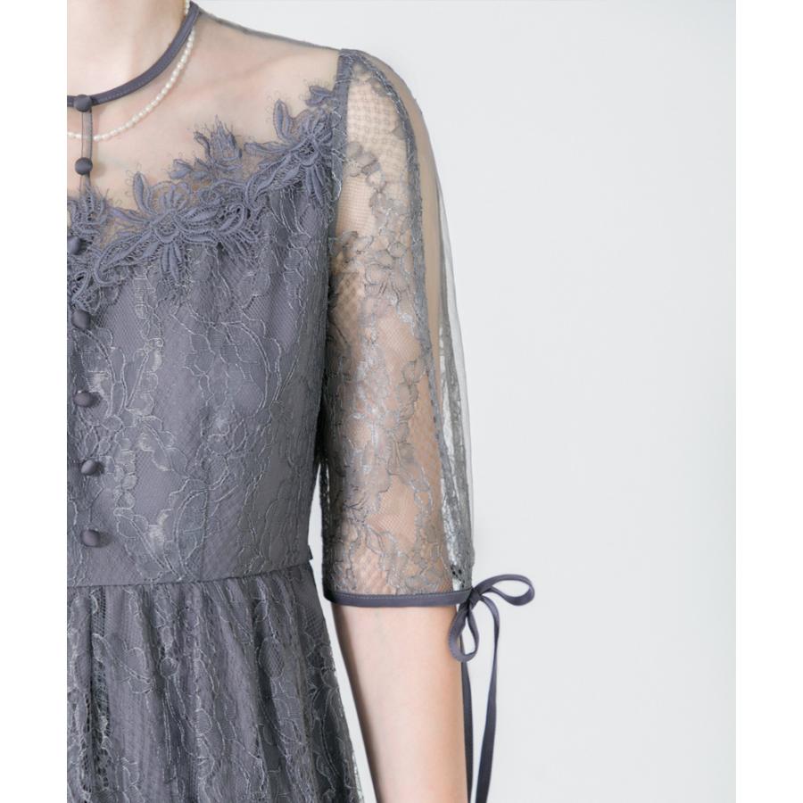 LEJA】異素材レースデコルテシアー袖リボンフロントボタンドレス