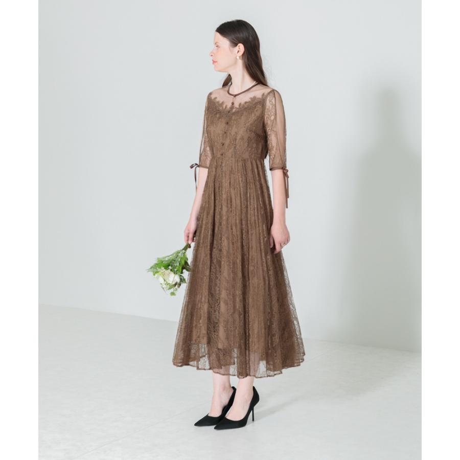 LEJA】異素材レースデコルテシアー袖リボンフロントボタンドレス