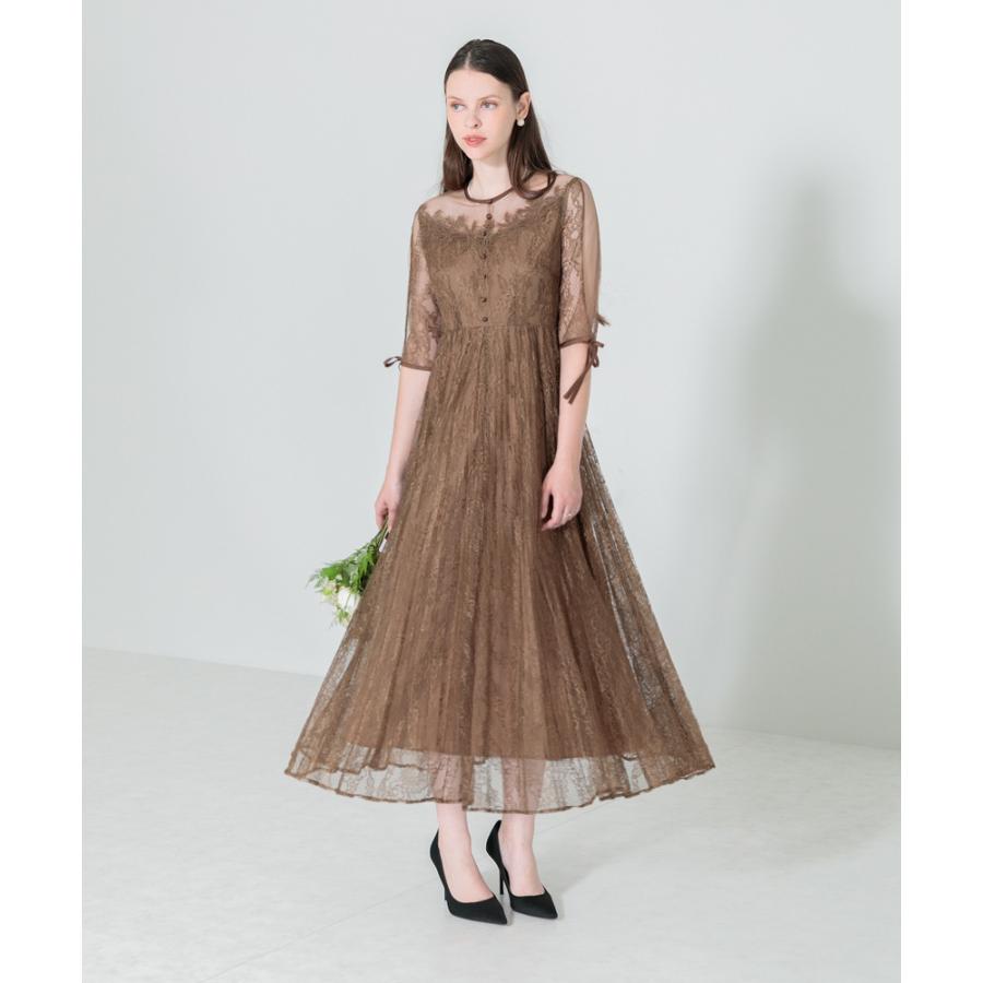 LEJA】異素材レースデコルテシアー袖リボンフロントボタンドレス