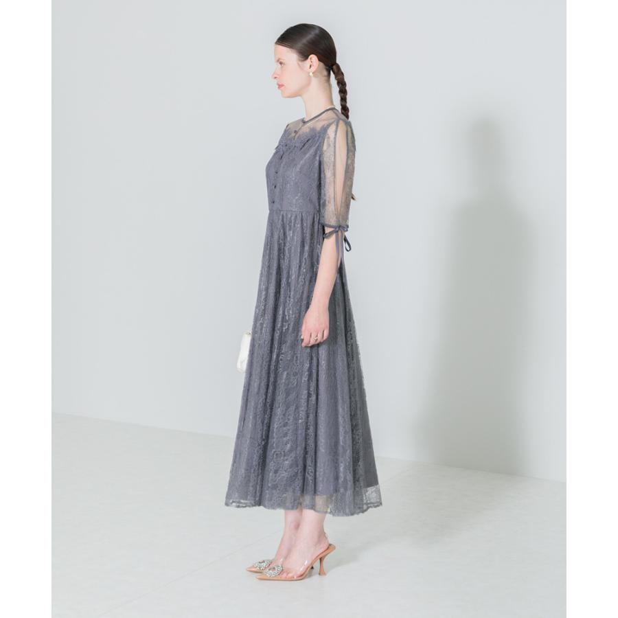 LEJA】異素材レースデコルテシアー袖リボンフロントボタンドレス