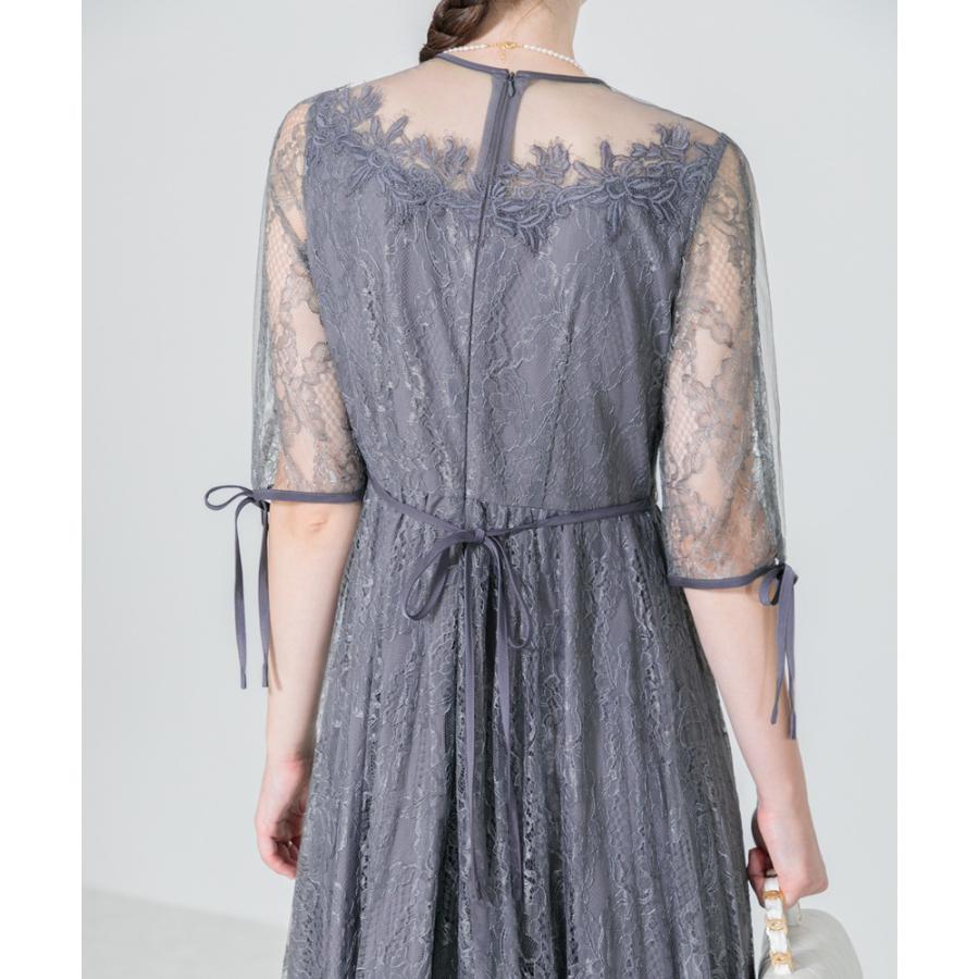 LEJA】異素材レースデコルテシアー袖リボンフロントボタンドレス