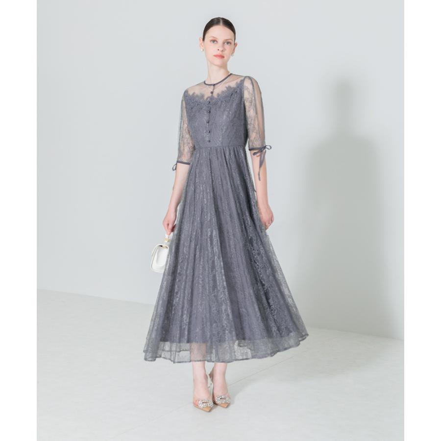 【Leja】花柄総レースデコルテシアーシフォンフレアスリーブプリーツドレス Leja（レジャ）の「【LEJA】花柄総レースデコルテシアーシフォンフレア