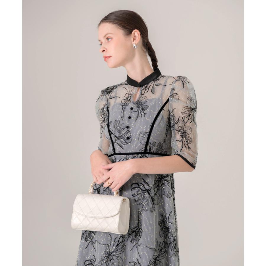 LEJA】配色パイピングプチハイネック花柄刺繍ラメレースロング丈ドレス