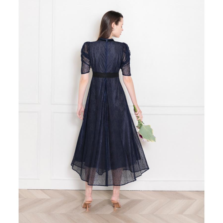 LEJA】ウエストマークパフスリーブ総レースロングドレス