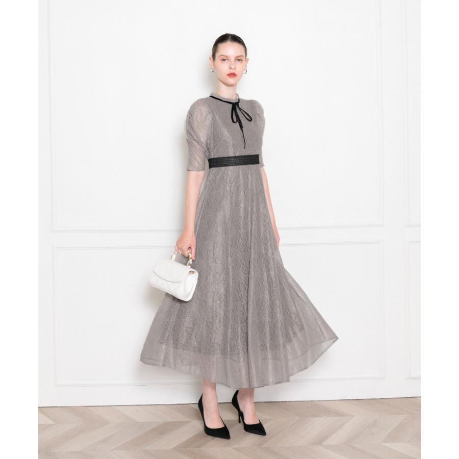 LEJA】ウエストマークパフスリーブ総レースロングドレス