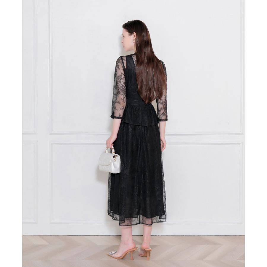 LEJA】ビスチェ風レース花柄透けフレア美脚効果ロングワンピースドレス