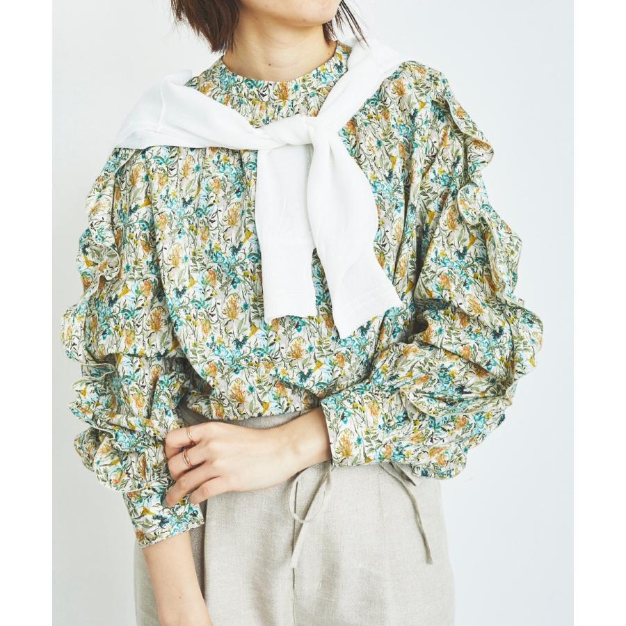 《手洗い可能》Perle Peche フラワー柄スリーブフリルブラウス