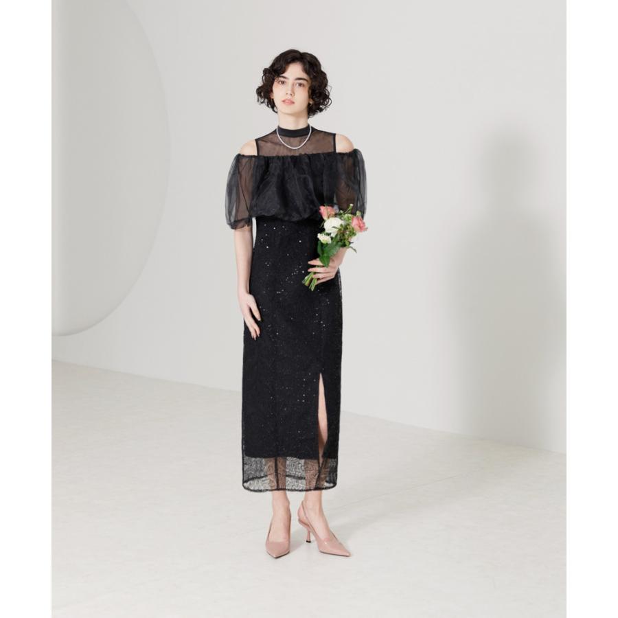 LEJA-2WAYオフショルダーパフスリーブスリットIラインロングドレス