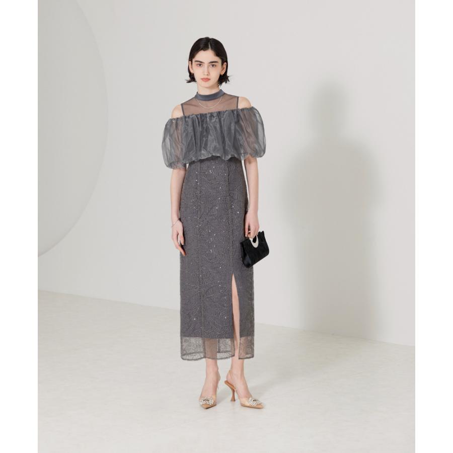 LEJA 2WAYオフショルダーパフスリーブスリットIラインワンピース LEJA-2WAYオフショルダーパフスリーブスリットIラインロングドレス