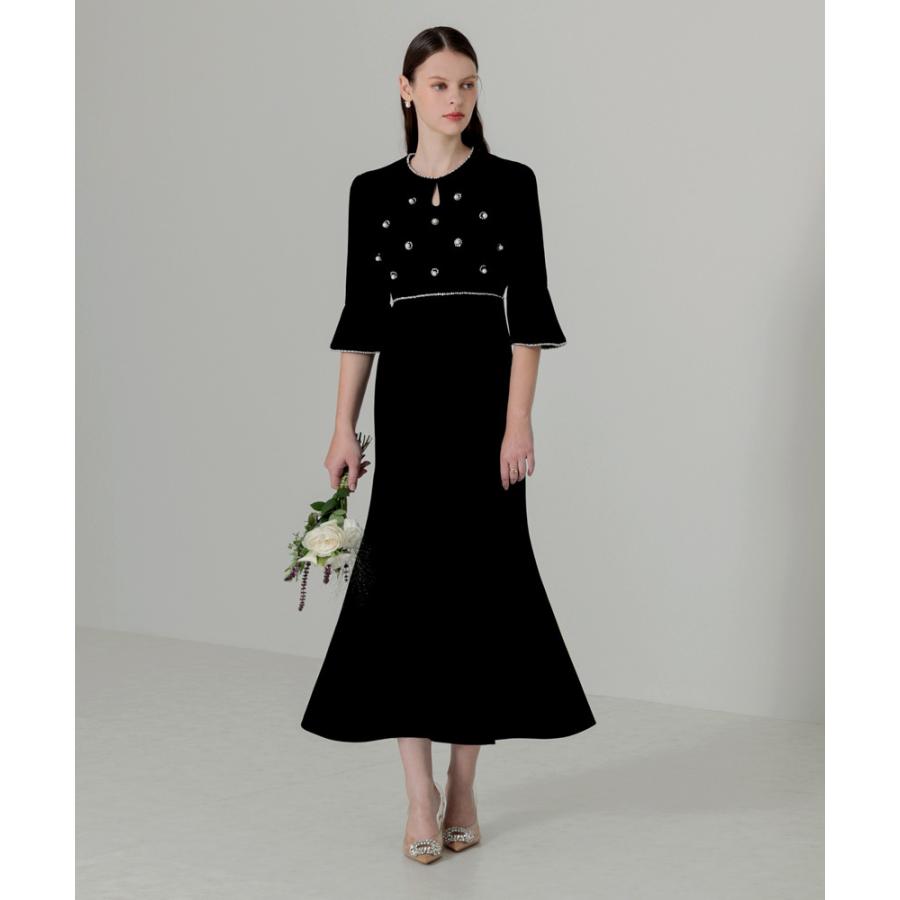 LEJA-ヴィンテージビジューパールボタン付きベロア風スリット