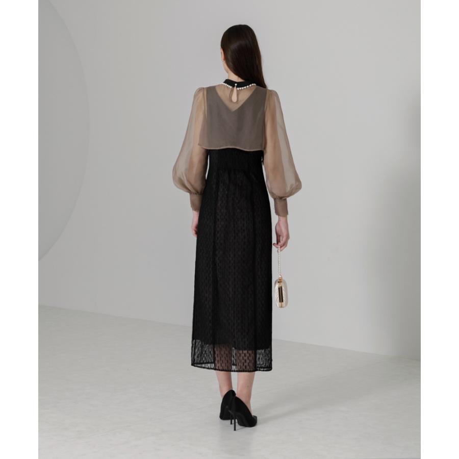 パールネックパフスリーブボレロ格子柄レースワンピースドレス結婚式二次会パーティー Leja（レジャ）の「【LEJA】パールネックパフスリーブボレロ格子