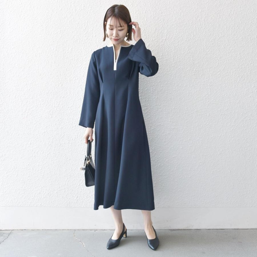 SHIPS any: ダブルクロス ウエスト タック Aライン ワンピース ［NAVY BLUE］の画像