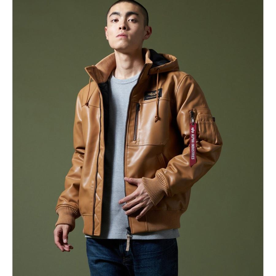 ALPHA/フェイクレザー フーデッドリブジャケット アルファ インダストリーズ フェイクレザーフーデッドリブジャケット