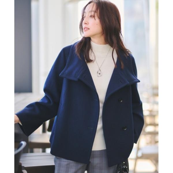 Y6284*UNTITLED アンタイトル☆ウール☆ダッフルコート☆紺ネイビー ゆったり/軽やか】カシミヤ混ノーカラーコート （その他アウター
