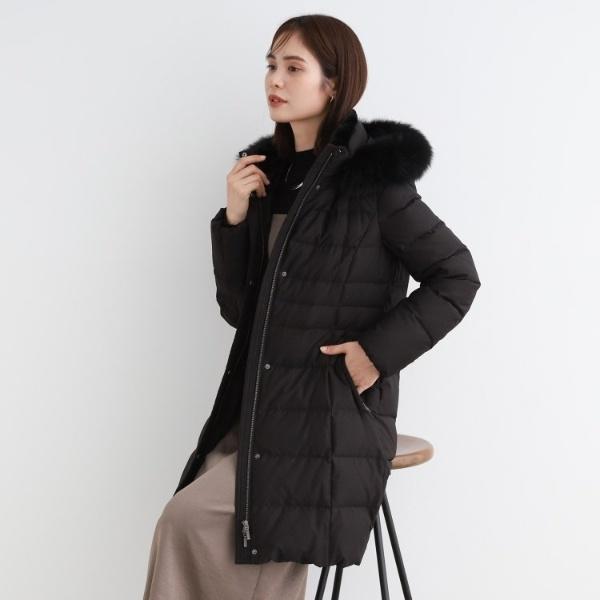 極美品 インディヴィ ダウンコート 大きいサイズ44 フード ブラック 洗える撥水／2WAY】リサイクルロングダウンコート | インディヴィ