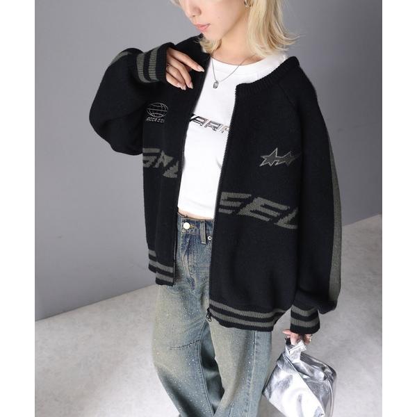 45R ニット　ブルゾン　R刺繍　ダブルジップ　コットン　3 ドライバーズニット 45R ニット ブルゾン R刺繍 ダブルジップ コットン 3 ドライバーズニット