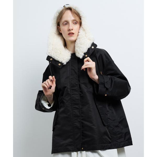 LANVIN ファー付きネイビーコート LANVIN en Bleu フェイクファーコンビナイロンツイルミディコート