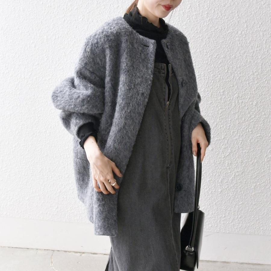 今期新品シップス エニィ☆シャギー ノーカラー コクーン コートホワイトベージュ 一部追加予約》SHIPS any: シャギー ノーカラー コクーン コート