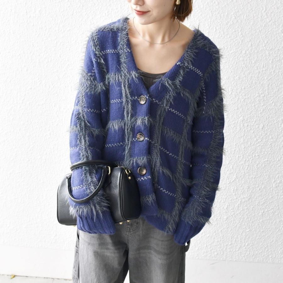 SHIPS any any:〈手洗い可能〉シャギー チェック Vネック カーディガン