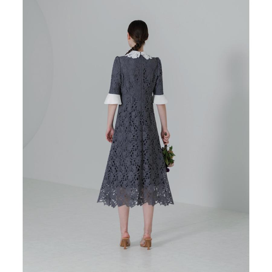 花柄レースカラースパンコール刺繍Aラインフレアドレスワンピース 