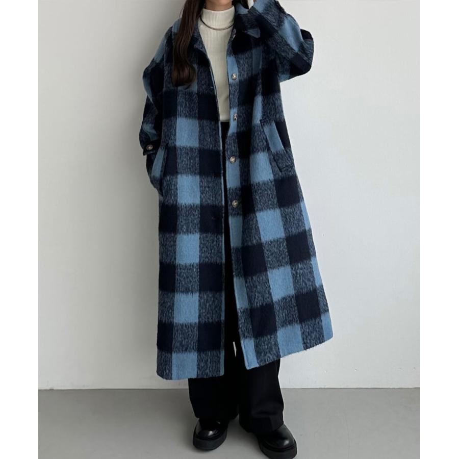 ヨーガンレール　ロングコート　ブロックチェック　ウール　ネイビー LENER（レネール） ロングコート レディース 50代 ウール コート