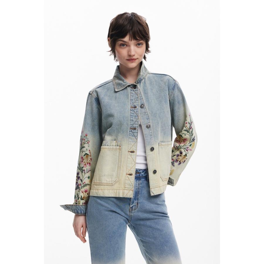在庫限定　デニムジャケット ロング丈 グラデーション Desigual フラワー刺繍 グラデーションデニムジャケット