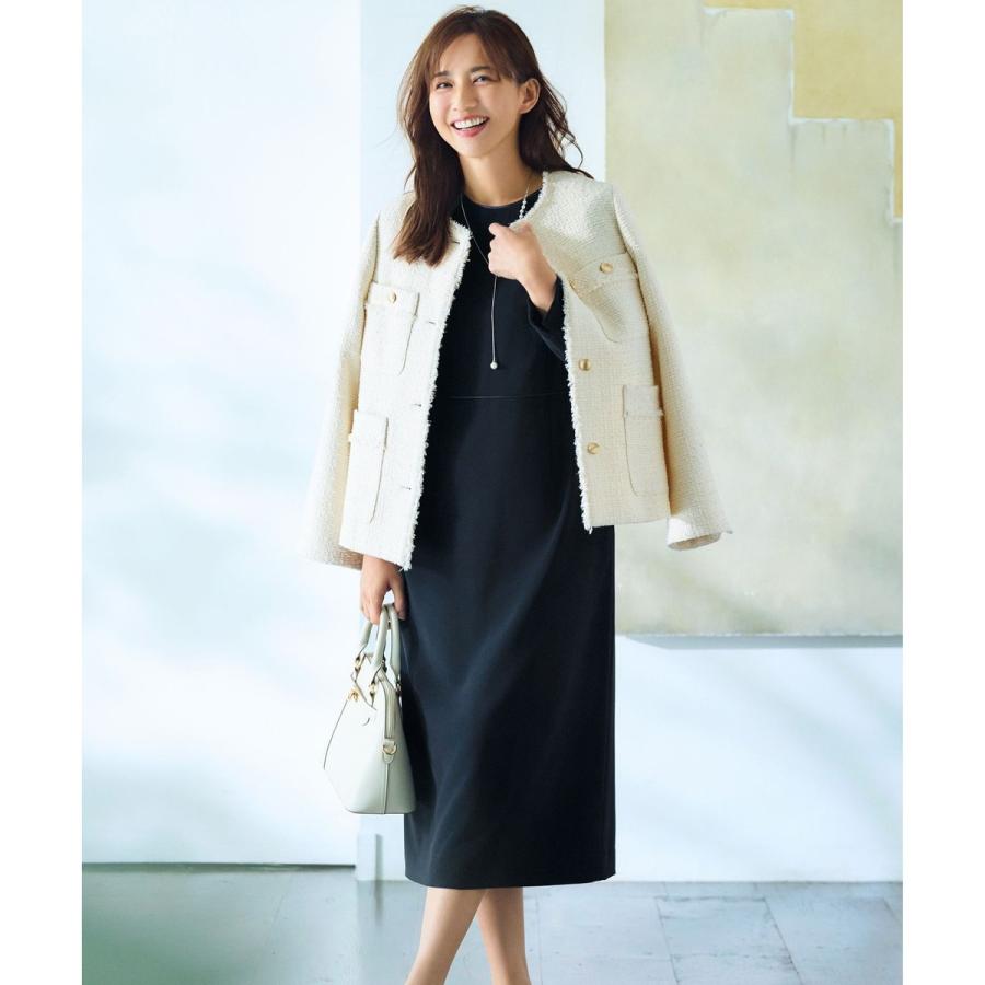 ツイードノーカラーミドル ジャケット 通勤・セレモニー対応》コットン