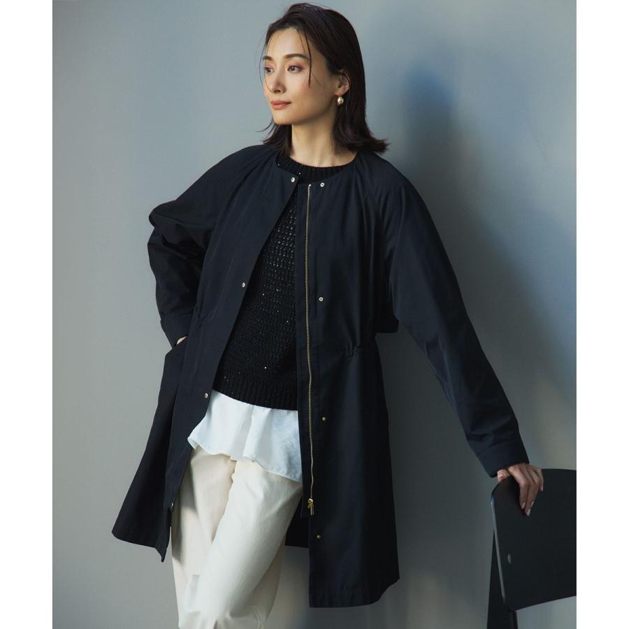美品23区　【撥水加工】ライトツイル ノーカラーコート　サイズ44 ネイビー 23区（ニジュウサンク） 【撥水加工】ライトツイル ノーカラーコート