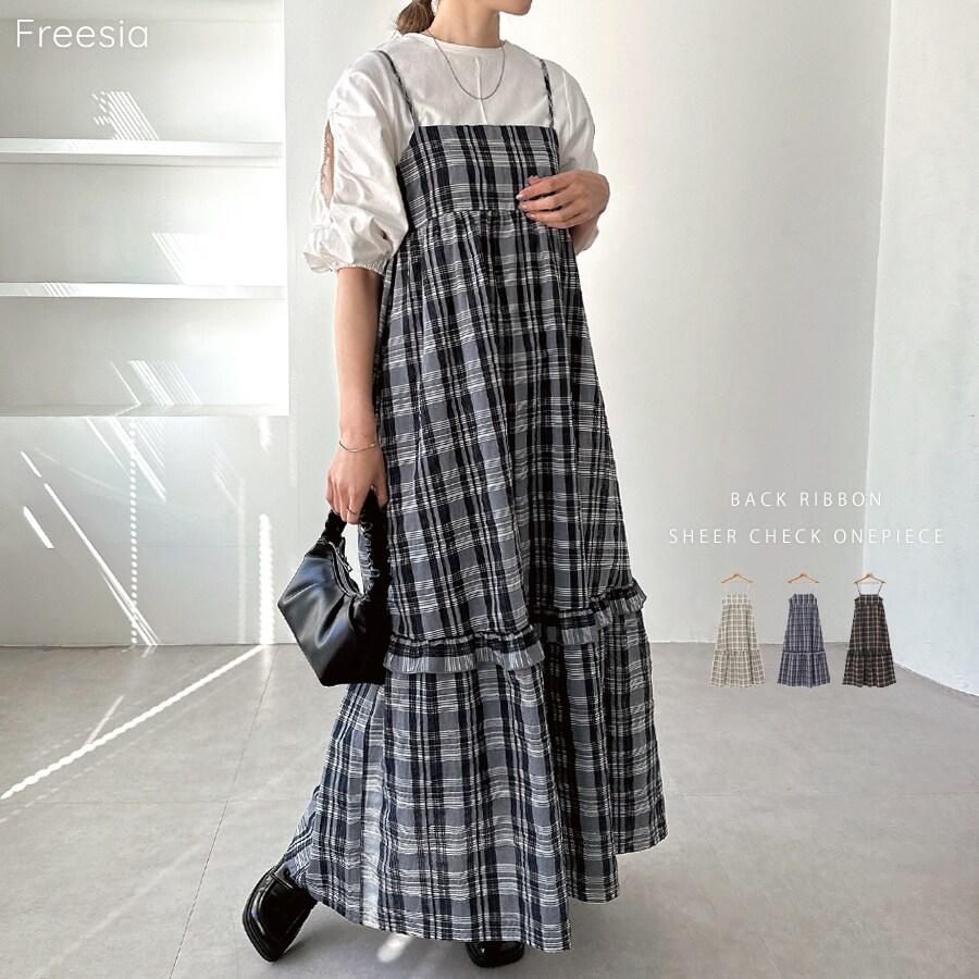 バック リボン シアー チェック キャミ ワンピース Freesia フリージア