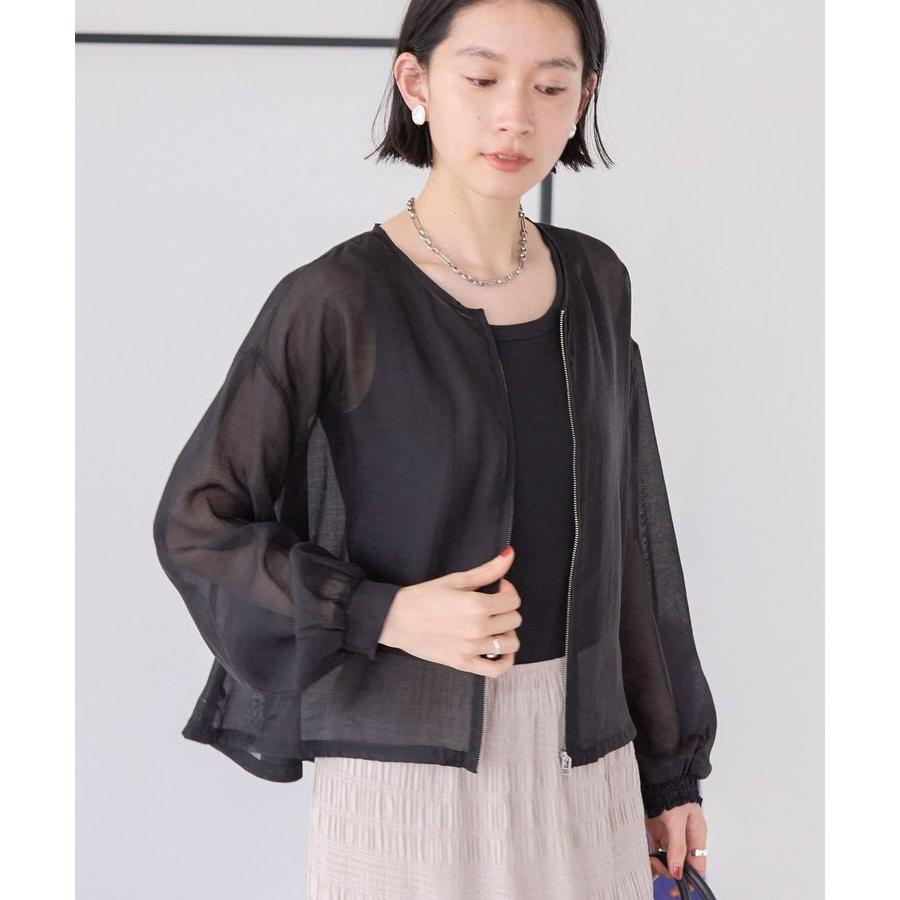 美品 マルティニーク 上品 オーガンジー シアー ノーカラーブルゾン ブラック AMERICAN HOLIC（アメリカンホリック） ノーカラーシアーZIPブルゾン