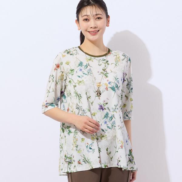 MISSEL 【洗える・日本製】ボタニカル柄 ペプラムカットソー