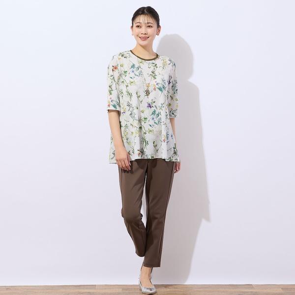MISSEL 【洗える・日本製】ボタニカル柄 ペプラムカットソー