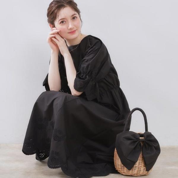 ENFOLD　コットンワンピース ファインポンチョ 黒　38ゆったり　8分袖 Couture Brooch（クチュール ブローチ） 【きれいめ・二の腕カバー