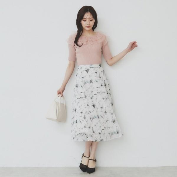 スカート oioi index（インデックス） シアーフラワーフレアスカート【洗濯機洗い可